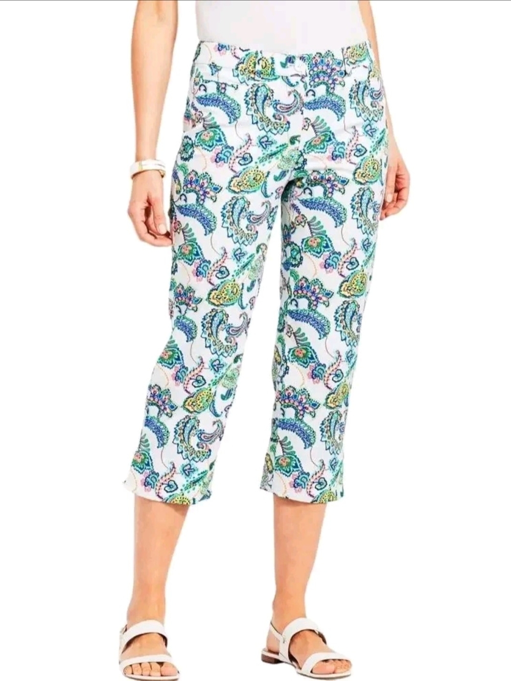 Talbots Womens 16 Perfect Skimmer Pants White Paisley Multicolor Stretch Pockets